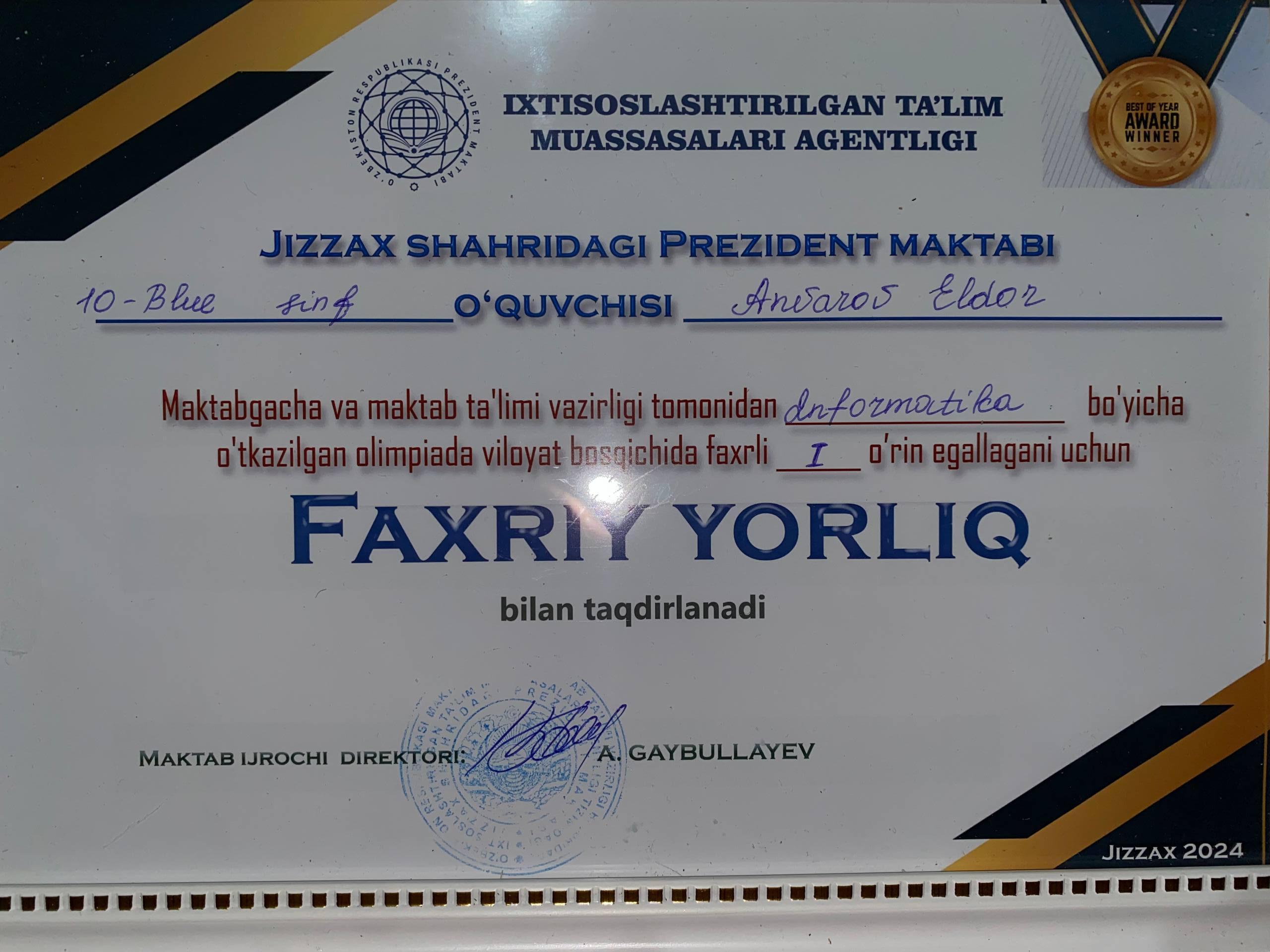 1st Place in Jizzakh region